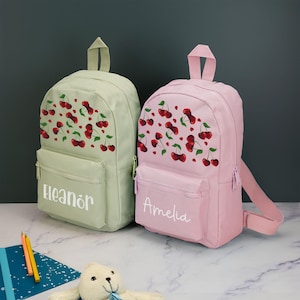 Sac à dos personnalisé cerises pour enfants avec nom au choix cartable coeurs de cerises avec bretelles réglables