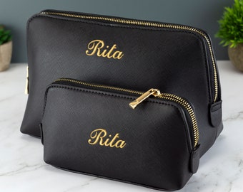 Personalised Leather Accessory Bag - Embroidered Customised Makeup Bag Travel Pouch