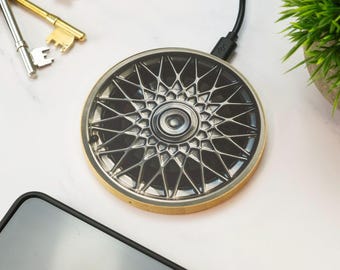 Alloy Wheel Wireless Charger Wooden Car Enthusiast Motorsport Racing Design Desk Accessory Gift
