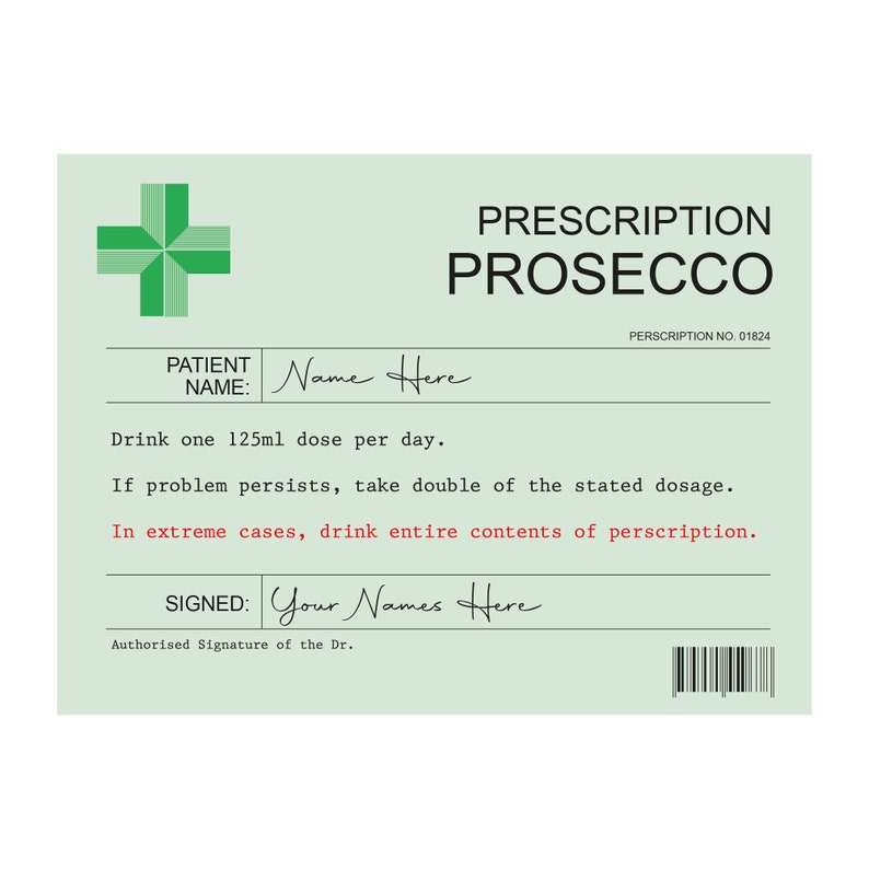 Personalised Prescription Prosecco Wine Label Vinyl Sticker Funny Novelty Gift Birthday Anniversary image 2