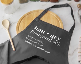 Delantal estampado "Hangry", divertido, para hornear, diccionario, definición, cocina casera, chef, varios colores disponibles