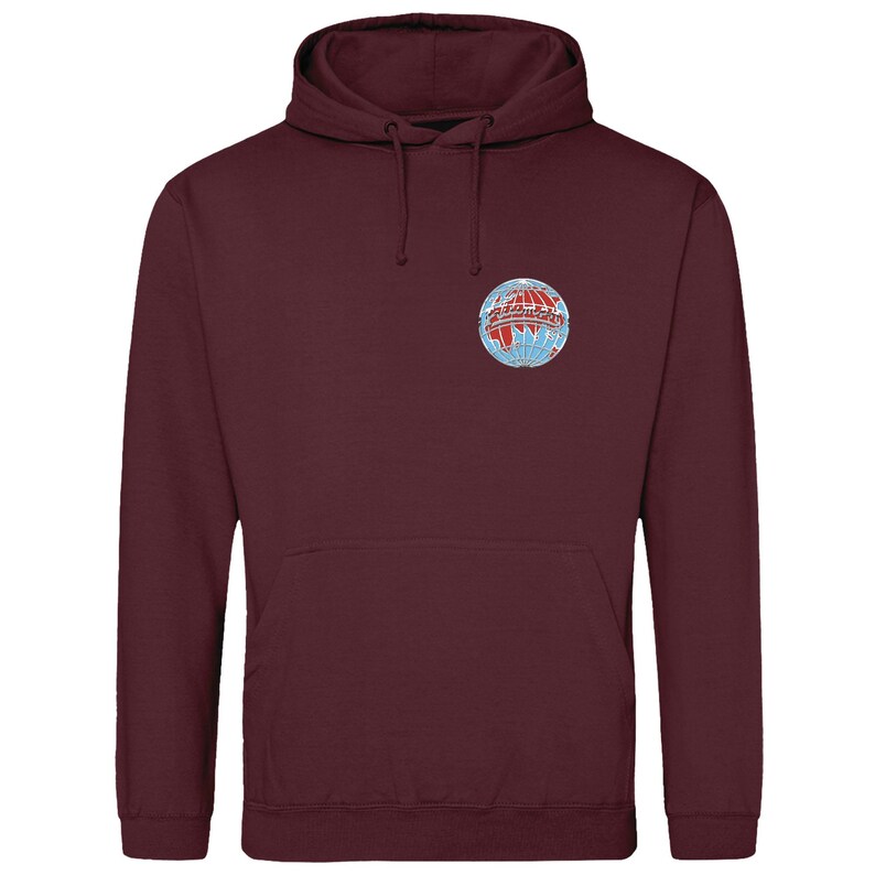 May include: A burgundy-coloured hoodie with a front pocket and a hood with drawstrings. It has a small, circular emblem on the upper left chest. The emblem is a globe design with red, white, and blue accents.