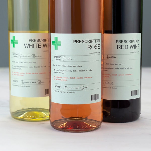 Personalised Prescription Wine Label Red White Rose Vinyl Sticker Funny Novelty Gift Birthday Anniversary