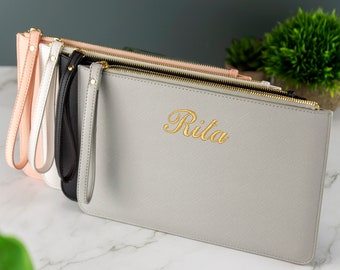 Personalised Leather Clutch Bag Bridesmaid Bridal Gift Flat Accessory Pouch Makeup Bag Embroidered Name Initials Custom Bag