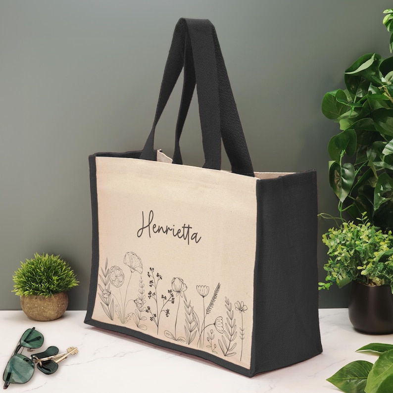 Personalised Tote Bag Custom Large Jute Shopping Bag Wild Flowers Floral Design Black