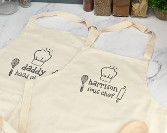 Personalised Kids Apron Matching Adult Chef Name Parent Child Custom Name for Cooking Baking at Home Father Son Mother Daughter