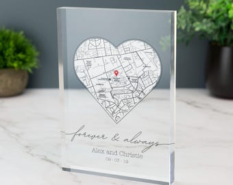 Mapa personalizado en forma de corazón de la ciudad donde nos conocimos. Bloque acrílico personalizado con cualquier lugar. Primera cita, donde todo comenzó. Regalo de aniversario.