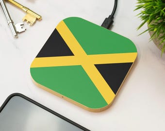 Jamaica Flag Wireless Charger Wooden Jamaican Rasta Island Design Caribbean Desk Accessory Gift