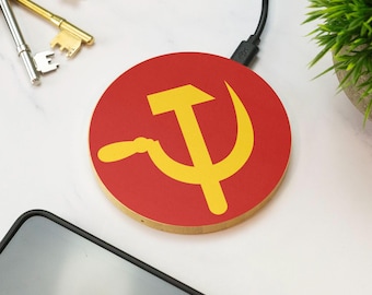 USSR Hammer and Sickle Wireless Charger Wooden Soviet Russia Communist Insignia Gold Red Retro Novelty History Gift