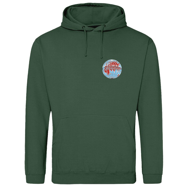 May include: A dark green hoodie with a front pocket and a drawstring. The chest displays a circular emblem with a globe design in red, white, and blue. A casual, comfortable garment.
