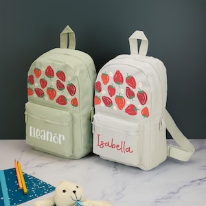 Sac à dos personnalisé fraises pour enfants avec nom au choix cartable fraises fleurs avec bretelles réglables