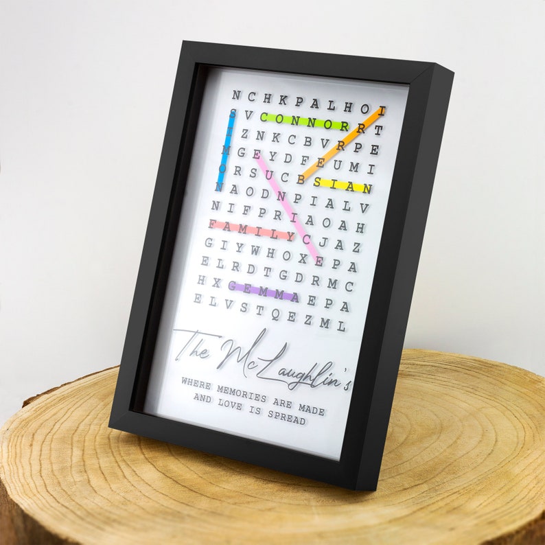 May include: A black framed word art piece with a white background. The word art features a colorful word search puzzle with the words "The McLaughlin's" written below. The text below the word search reads "Where memories are made and love is spread."