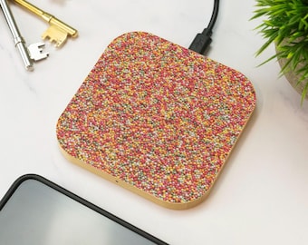 Hundreds and Thousands Wireless Charger Wooden Sprinkle Design Sweet Shop Retro Kitsch Desk Accessory Gift