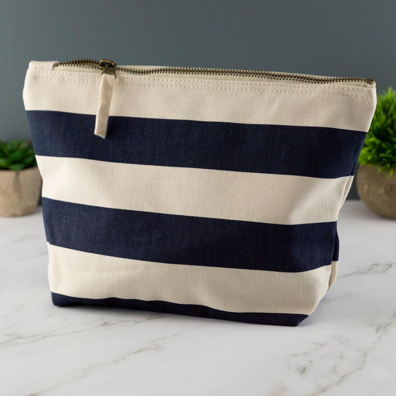 Personalised Nautical Canvas Accessory Bag Embroidered Customised Striped Toilet Bag Travel Pouch Navy/Natural