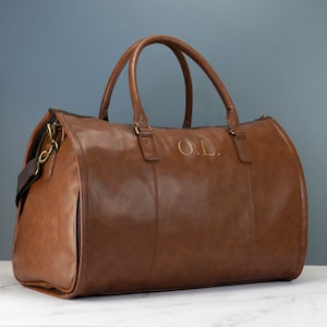 Personalised Mens Leather Holdall Bag Black or Brown - Weekend Travel Bag Embroidered with Initials