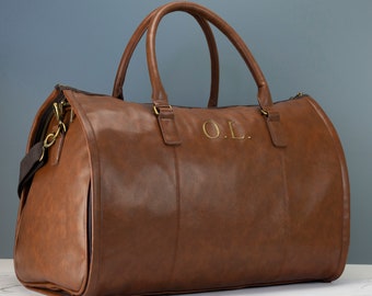 Sac fourre-tout en cuir pour homme personnalisé noir ou marron - Sac de voyage de week-end avec initiales brodées