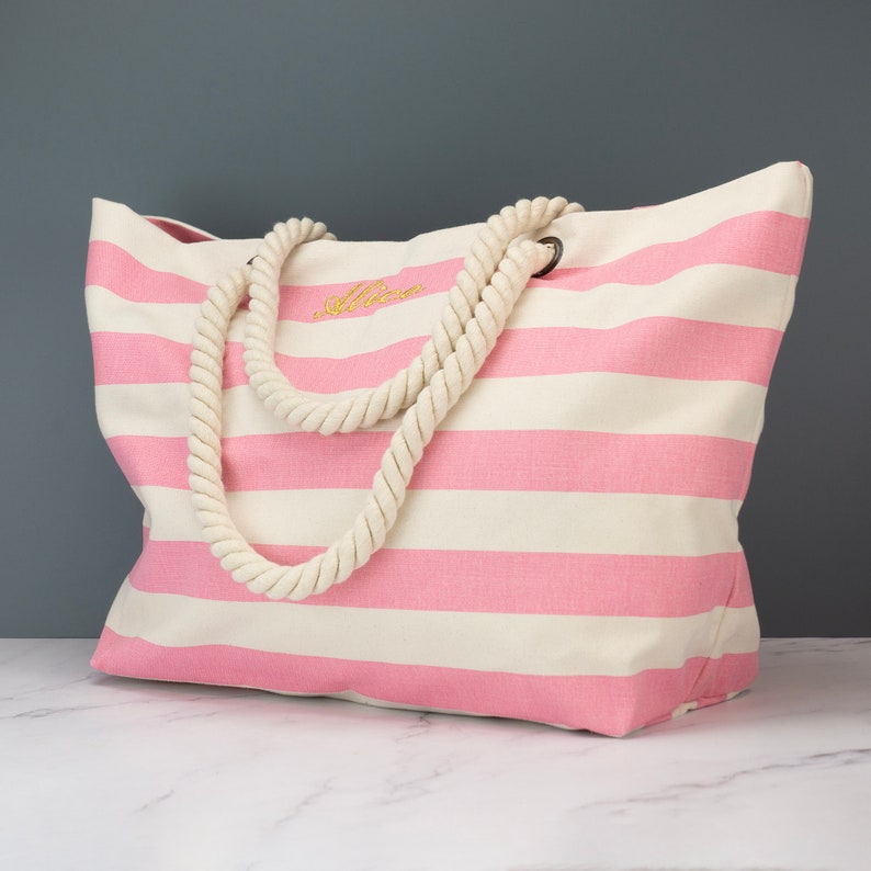 Personalised Nautical Canvas Beach Tote Bag Embroidered Customised Striped Beach Bag Pink/Natural
