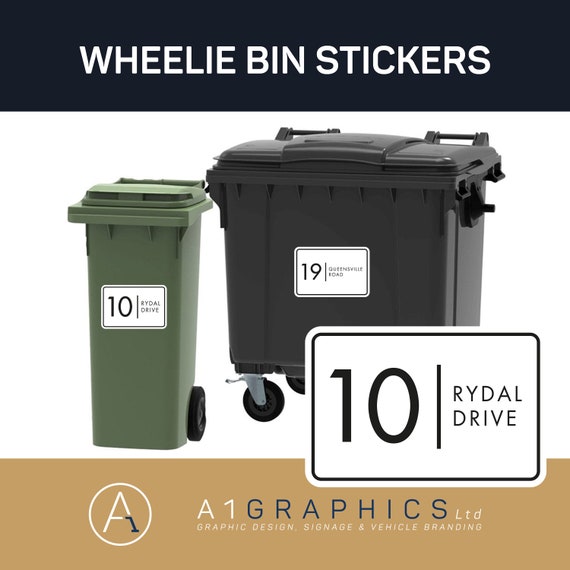 4x Modern Wheelie Bin Number Stickers Trash Garbage Can Stickers Custom House & Street Name Address Labels