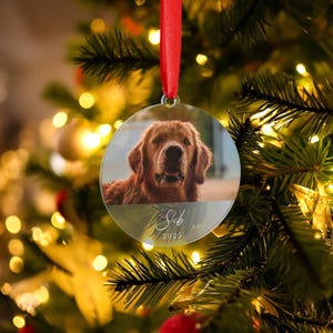 May include: Round Christmas ornament featuring a golden retriever dog. The ornament has a red ribbon for hanging. The dog's name, Seb, and the year 2025 are written on the ornament. The ornament is hanging on a Christmas tree.