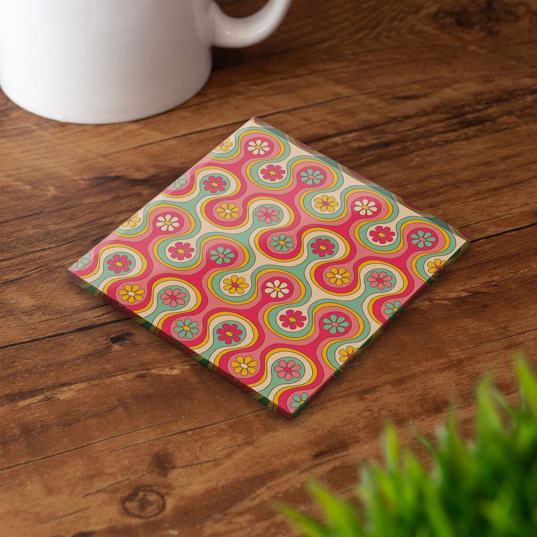 60s Groovy Pattern Glass Coaster Square Tempered Glass Psychedelic ...
