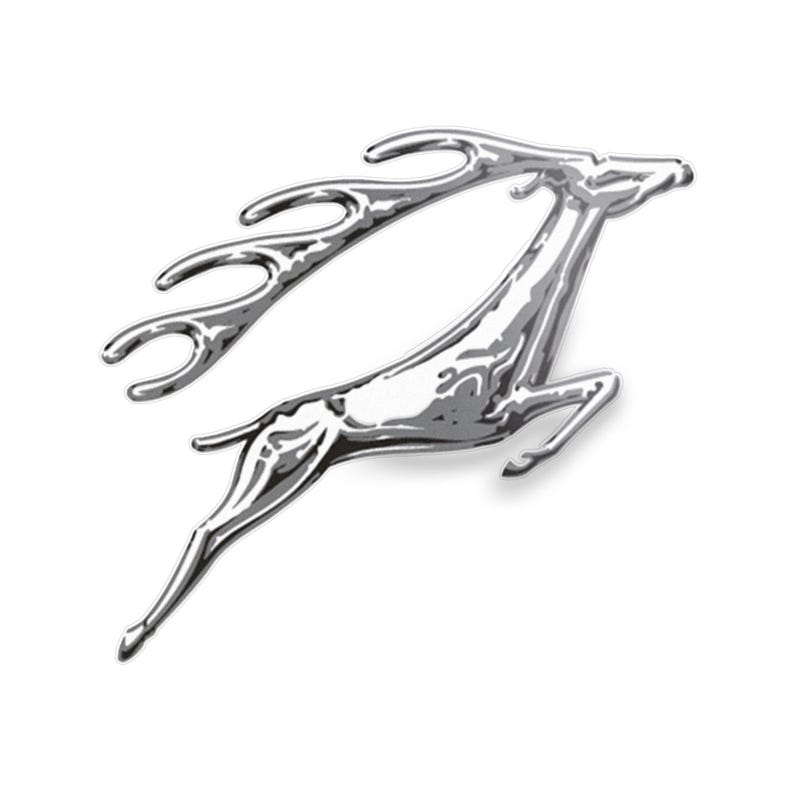 May include: A silver-colored leaping deer emblem with detailed antlers and a streamlined body. The design is rendered in a polished, metallic finish, creating a dynamic and elegant aesthetic. The deer is depicted in mid-leap.