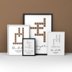 Póster con letras y nombres de familiares y amigos impreso en dos diseños para elegir. Disponible con marco