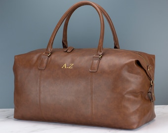 Sac fourre-tout personnalisé en cuir pour homme noir ou marron - Sac de voyage de week-end de 30 litres avec initiales brodées