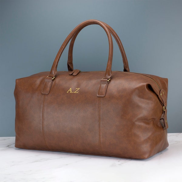 Sac fourre-tout personnalisé en cuir pour homme noir ou marron - Sac de voyage de week-end de 30 litres avec initiales brodées