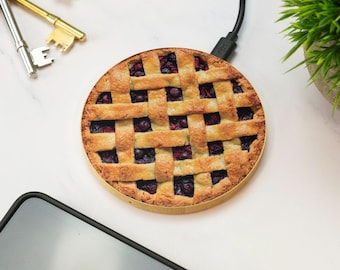 Pie Lattice Wireless Charger Wooden Baking Dessert Cottage core Kitchen Gift Desk Accessory