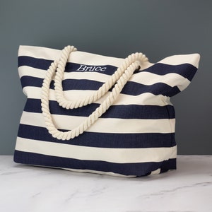 Personalised Nautical Canvas Beach Tote Bag Embroidered Customised Striped Beach Bag Navy/Natural