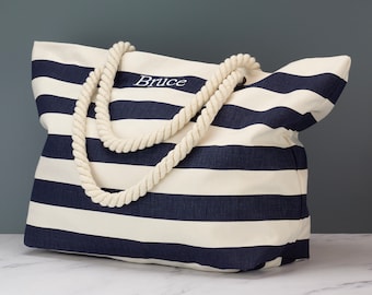 Borsa da spiaggia in tela nautica personalizzata - Borsa da spiaggia a righe personalizzata ricamata