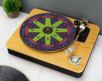 Alfombrilla antideslizante con diseño de zoótropo OVNI para DJ, tocadiscos, platillo volador alienígena, reproductor de vinilo, alfombrilla antideslizante de ciencia ficción para DJ, accesorio para amantes de la música espacial