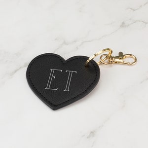 Personalised Keyrings Vegan Leather Keychain Choice of Colours Customised with Initials or Name Heart - Black