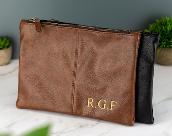 Personalised Mens Leather Accessory Pouch Bag Black or Brown - Flat Toilet Bag Embroidered with Initials