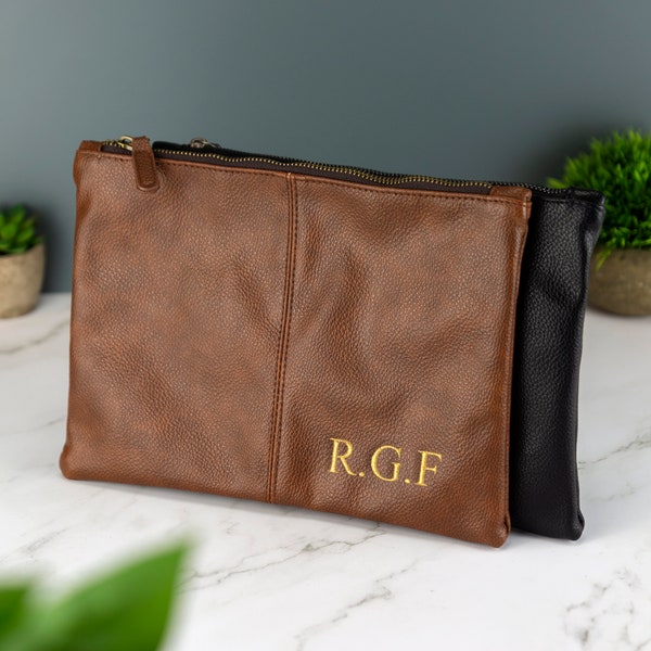 Personalised Mens Leather Accessory Pouch Bag Black or Brown - Flat Toilet Bag Embroidered with Initials