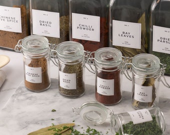Etiquetas para tarros de hierbas y especias - Etiquetas de almacenamiento de despensa de cocina - Calcomanías minimalistas en blanco y negro