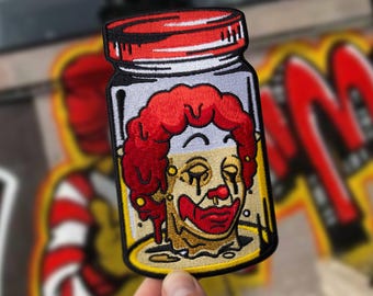 Embroidered Patch: Ronald Jarhead Clown Face in Jar (3"x5.25")