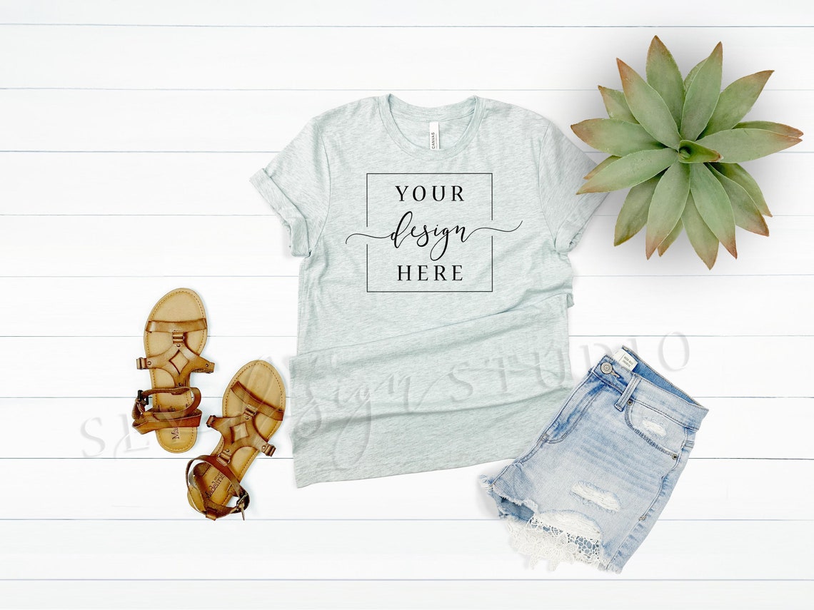 Summer Shirt MOCKUP Bella Canvas 3001 CVC Heather Prism Ice | Etsy