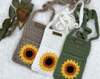 CROCHET CROSSBODY PHONE Bag, Sunflower Bag for phone, Granny Square Boho Bag, Flower Handbag,  Summer Bag for Women, Crochet Festival Bag