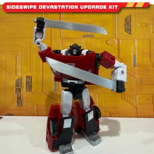May include: A red, white, black, and silver Sideswipe Devastation Upgrade Kit action figure. The figure is holding two silver swords. The text "Sideswipe Devastation Upgrade Kit" is at the top of the image.