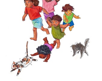 Idlewild Cats | Illustrated Print | Children chasing neighborhood cats