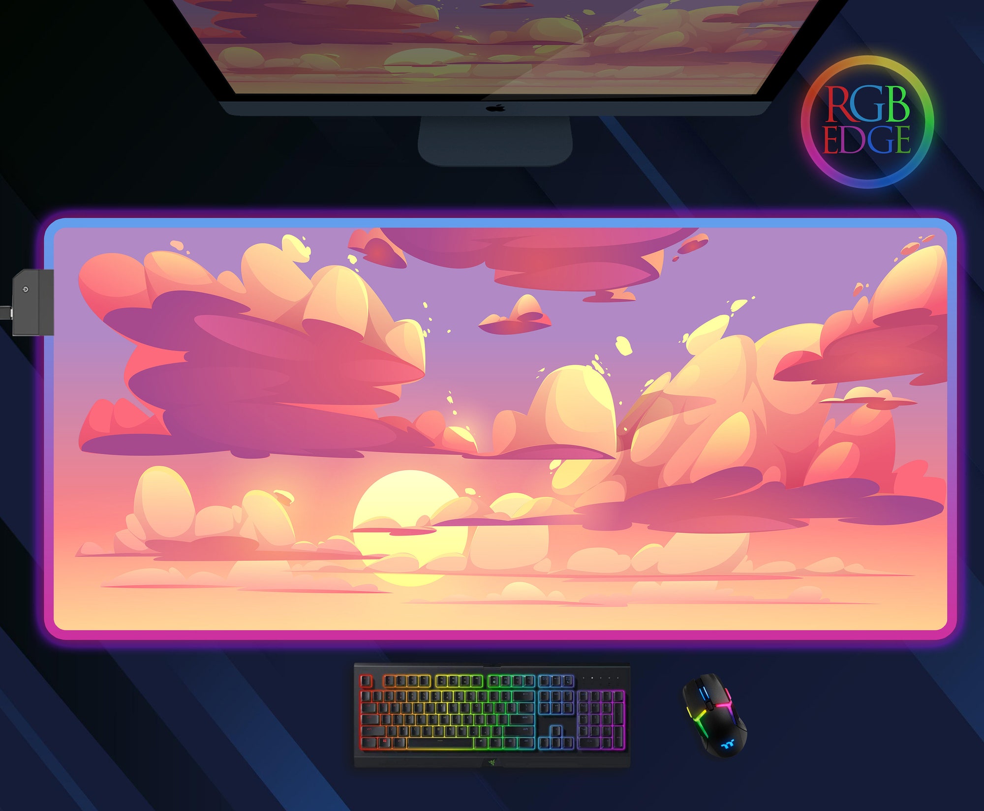 Anime Sunset Sky RGB Desk Mat Gaming, Cute Mousepad, Neon Led Light Desk Pad
