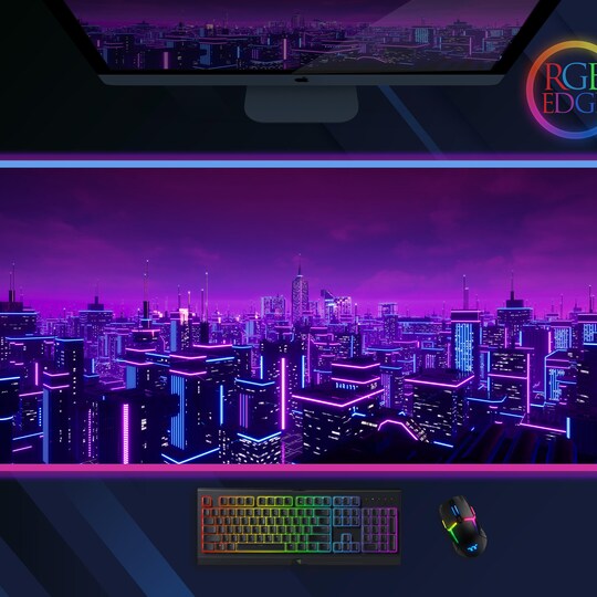 Metaverse City Neon RGB Desk Mat, Extra Large Gaming Mousepad, LED Desk Mat