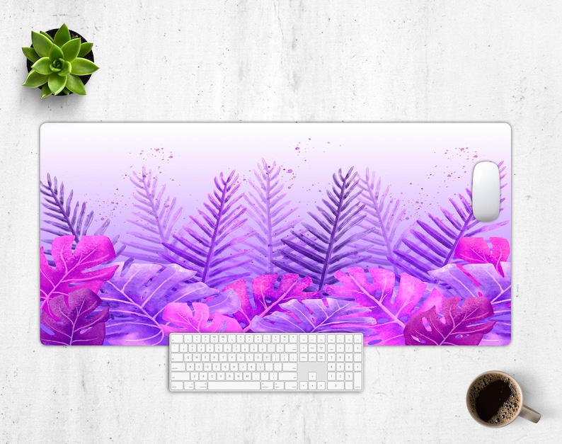 Purple Leaves Pink Kawaii Pink Tropical Mural Desk Mat Cute Extra Large Gaming Mouse Pad Girly Pad Extended Wide Aesthetic Desk Pad