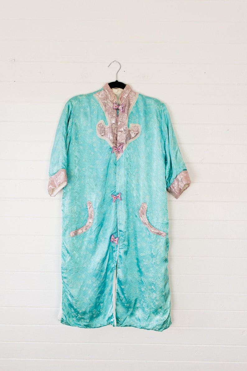 Size XS or XXS Vintage Chinese Robe in Floral Turquoise Satin with Pink Lame Details and Purple Knotted Button Closures