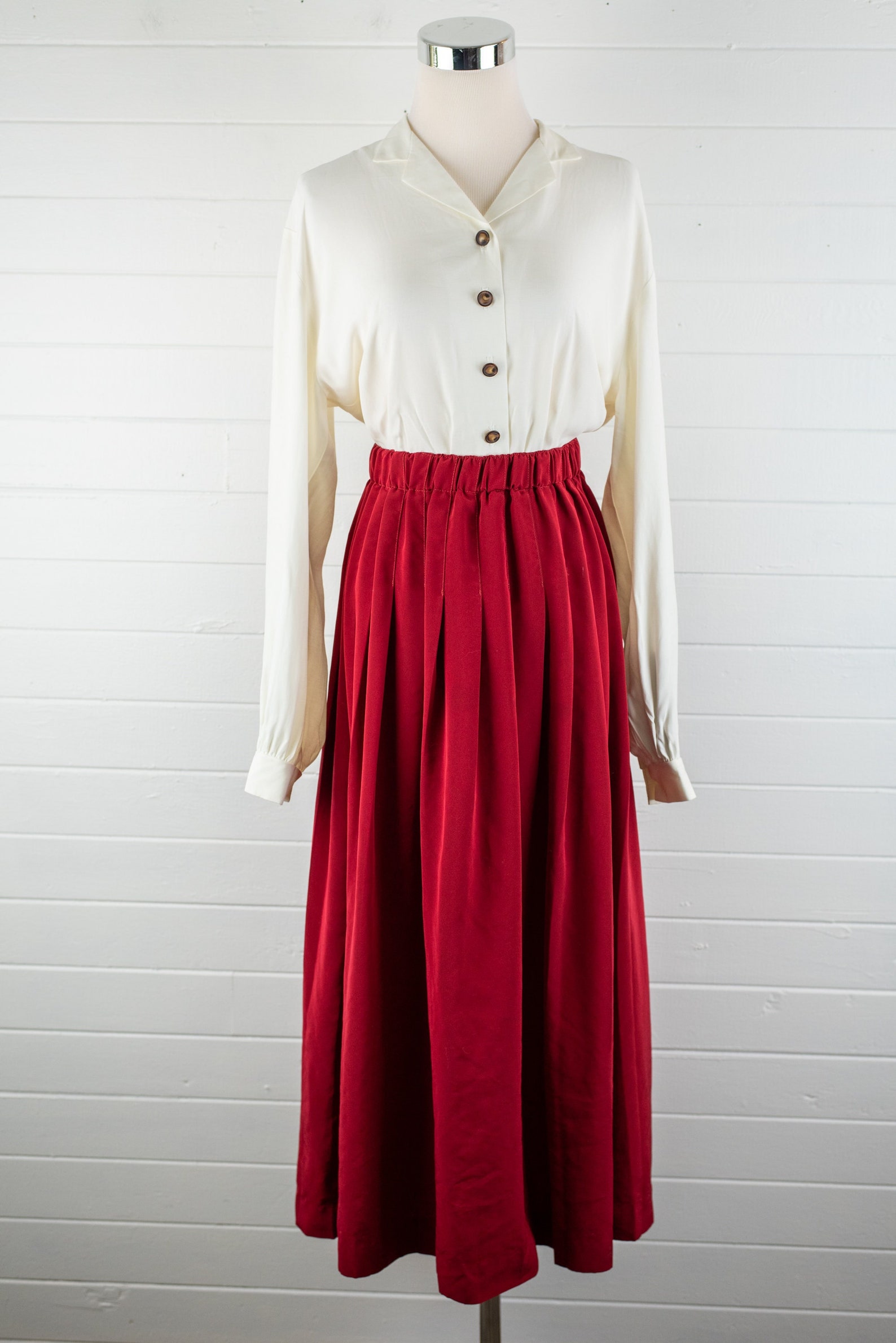 Vintage Red Pleated Skirt // Blood Red Gathered Midi Skirt // | Etsy