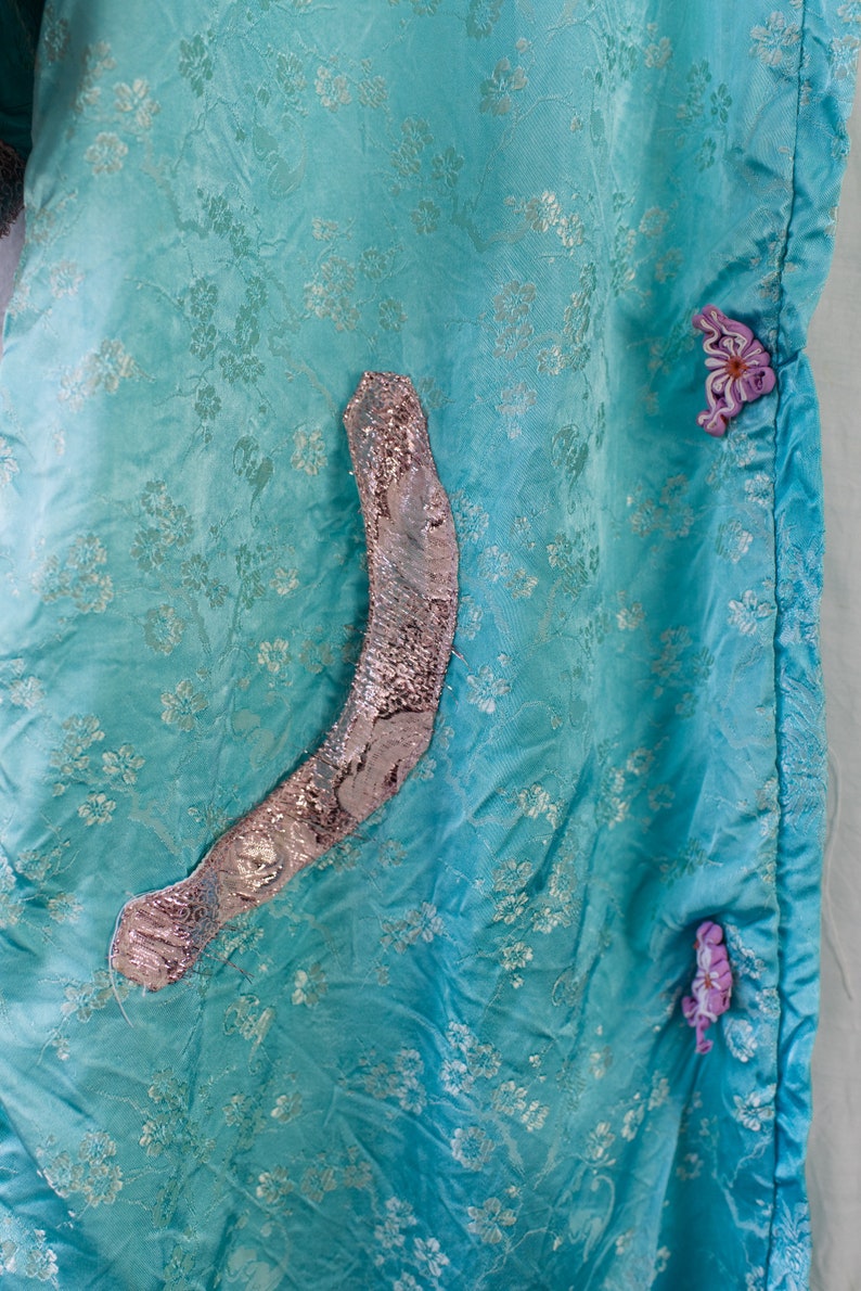 Size XS or XXS Vintage Chinese Robe in Floral Turquoise Satin with Pink Lame Details and Purple Knotted Button Closures
