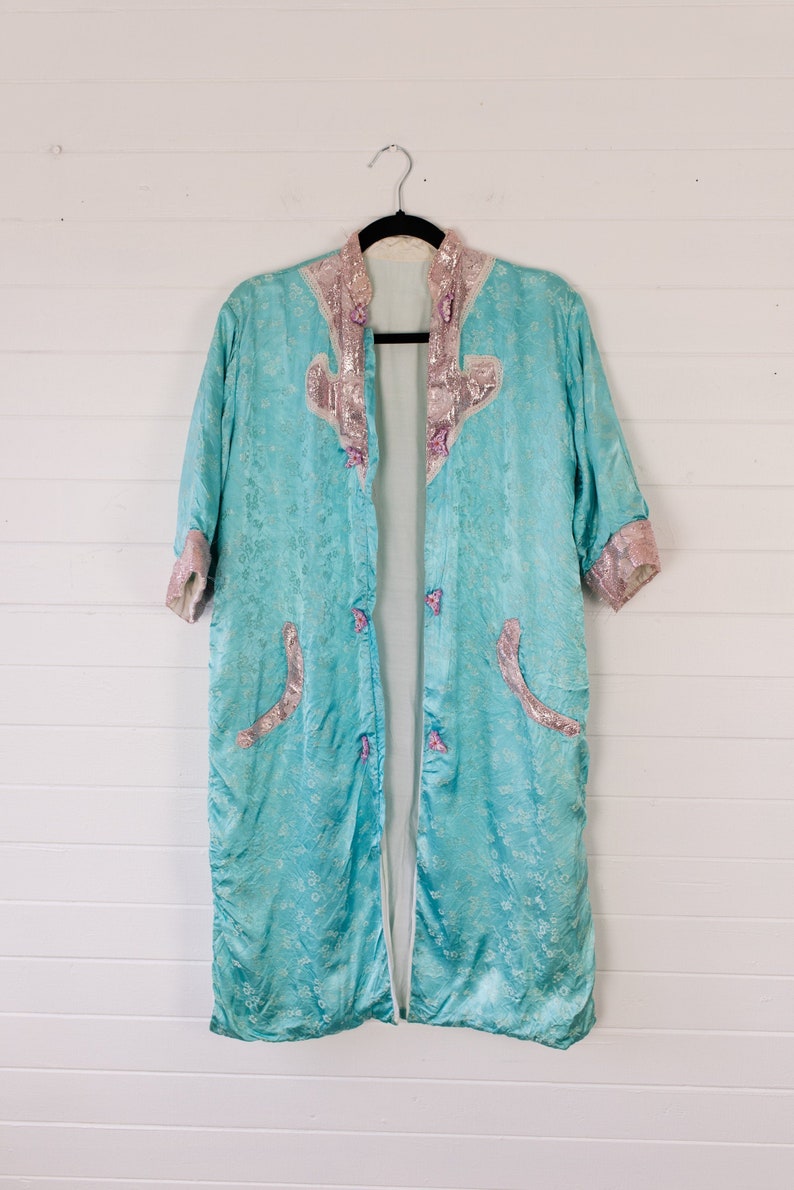 Size XS or XXS Vintage Chinese Robe in Floral Turquoise Satin with Pink Lame Details and Purple Knotted Button Closures