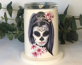 Sugar Skull Wax Melter, Candy Skull Tealight Wax Warmer, Goth Bedroom Decor, Floral Skull gift, Whimsigoth