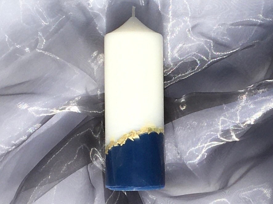 Blue Pillar Candle with Gold Glitter